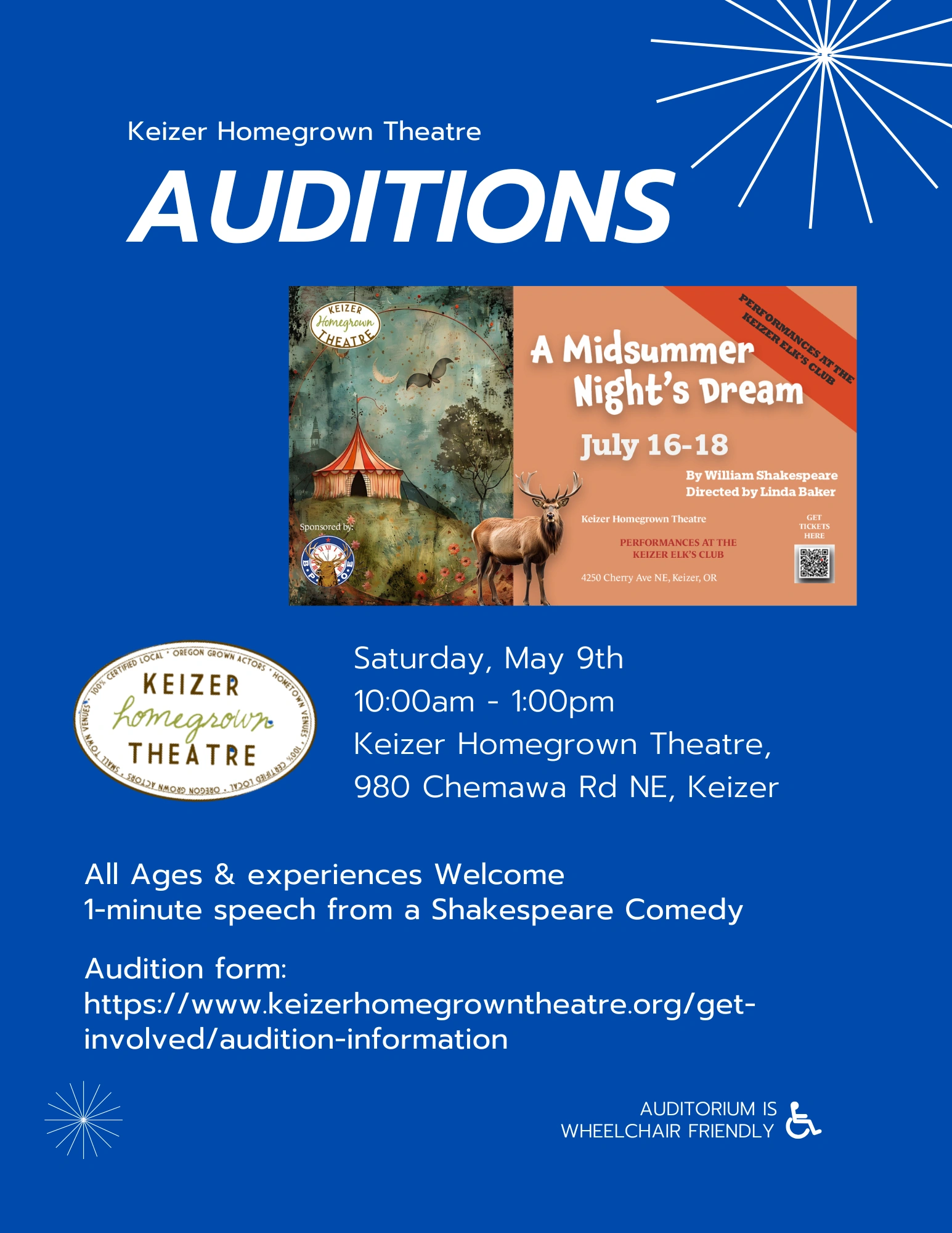Misery Audition Announcement Flyer - Keizer Homegrown Theatre - April 25, 2026 starting at 10am - Movement and Acting Auditions - 1 hour movement 10am -2pm (pre registration required)  Cold REading scenes 230 - 530pm  980 Chemawa Rd, Keizer, OR   https://tinyurl.com/miserymove